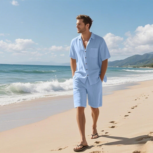 Linen Leisure Breathable Short Sleeve Shirt Beach Suit